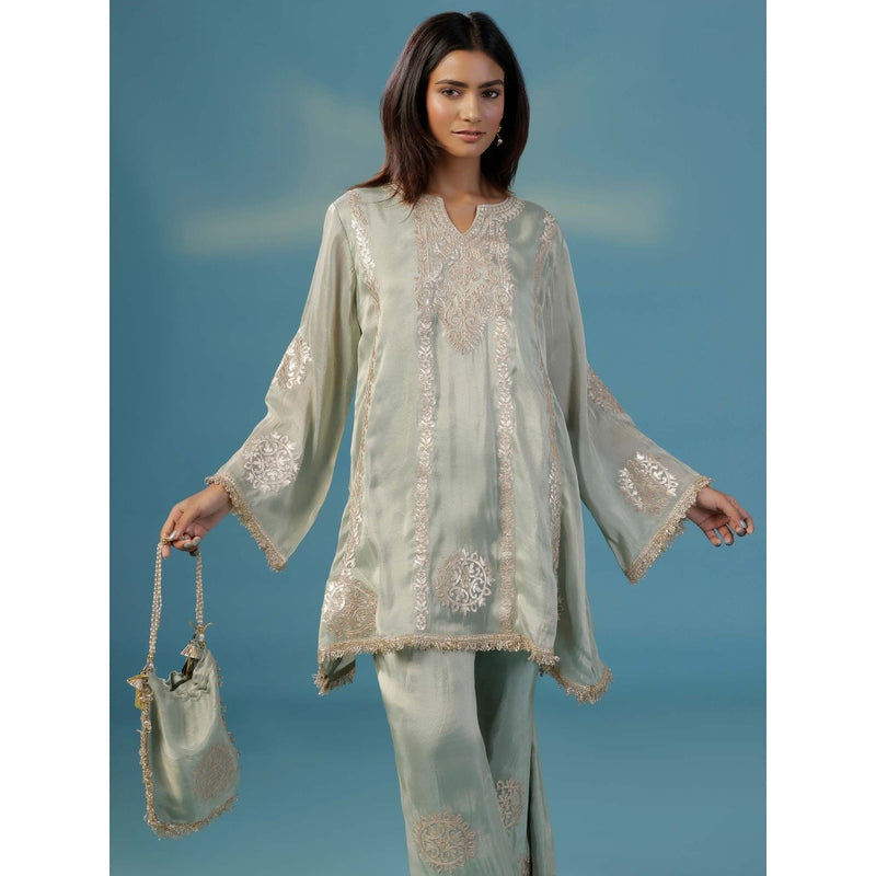 "Two Sisters" by Gyans Pale Green Tissue With Golden Zari Thread Embroidery Co-Ord (Set of 3)