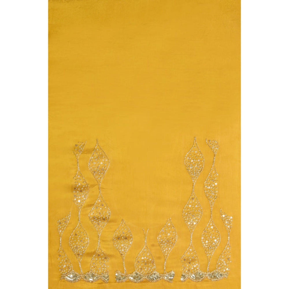 "Two Sisters" by Gyans Mustard Chiffon Embroidered Pre-draped Saree with Unstitched Blouse