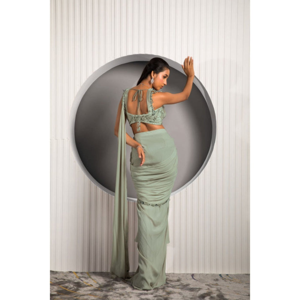 "Two Sisters" by Gyans Green Georgette Embroidered Pre-draped Saree with Stitched Blouse