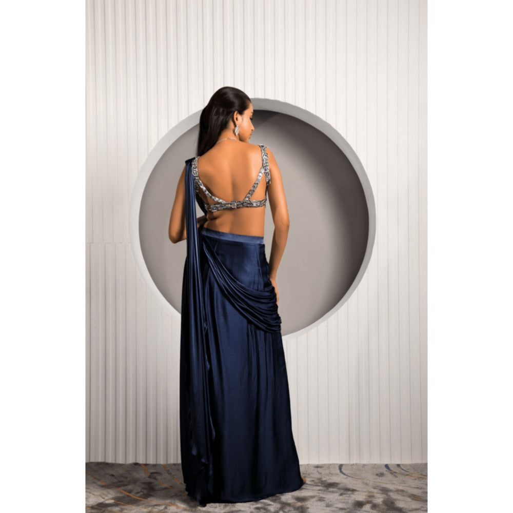 "Two Sisters" by Gyans Navy Blue Satin Embellished Pre-draped Saree with Stitched Blouse