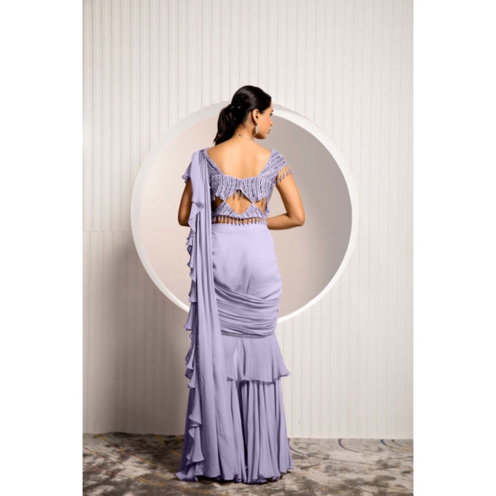 "Two Sisters" by Gyans Purple Georgette Embellished Pre-draped Saree with Stitched Blouse