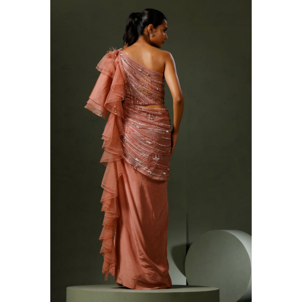 "Two Sisters" by Gyans Dusky Pink Organza Drape Saree with Stitched Blouse