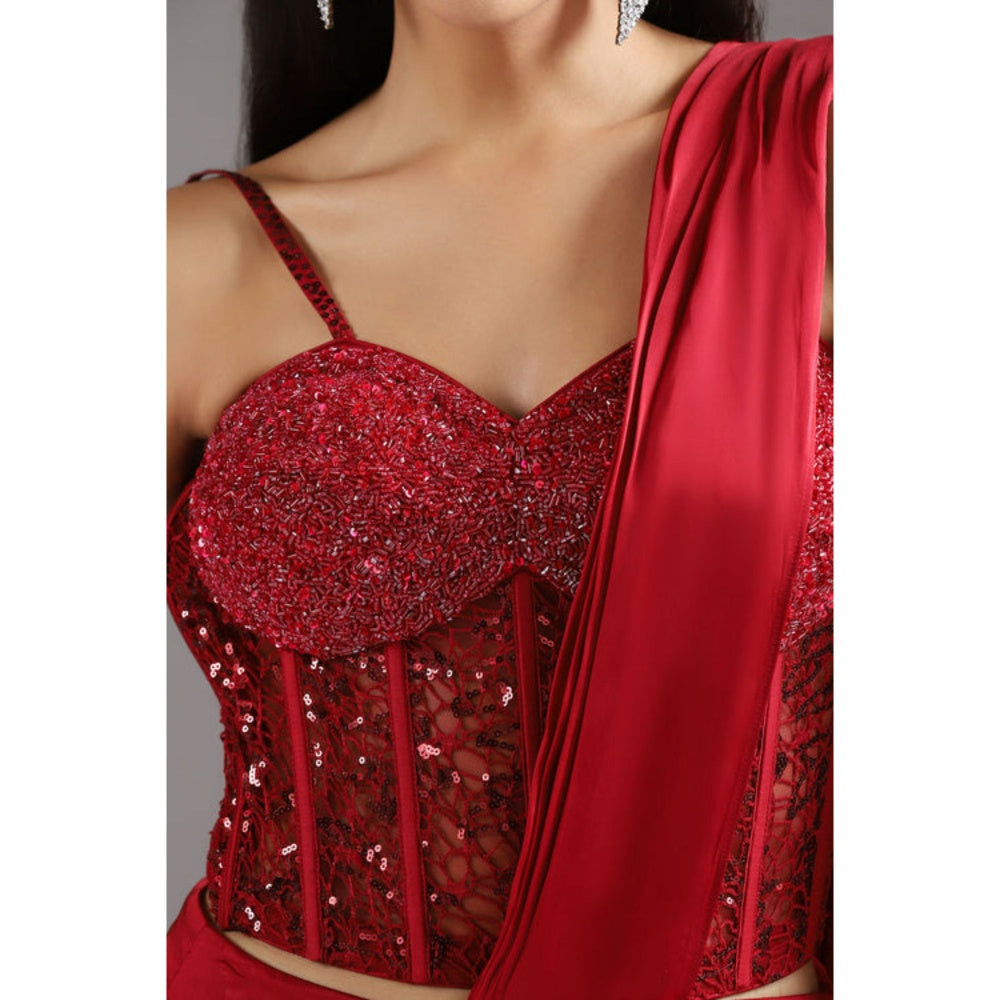 "Two Sisters" by Gyans The Eternal Red Sequinned Pre Draped Saree with Stitched Blouse