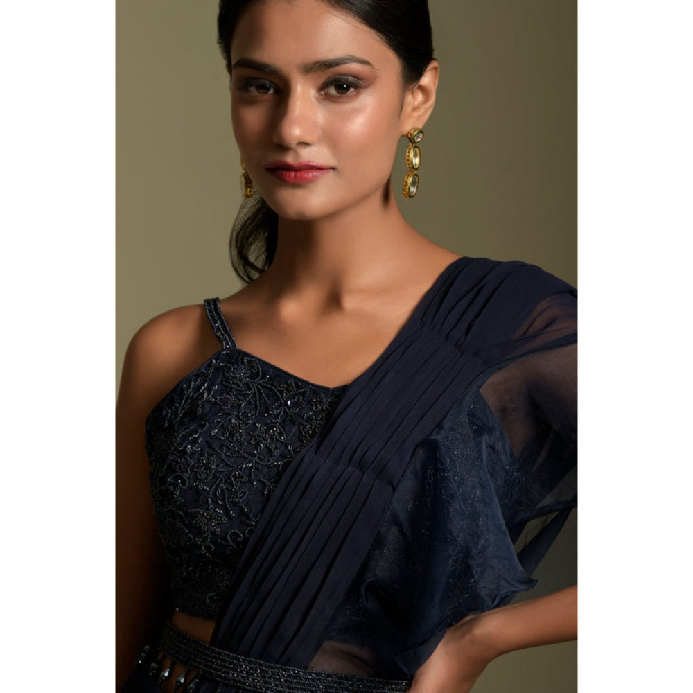 "Two Sisters" by Gyans Navy Blue Georgette Solid/Plain Pre-draped Saree with Stitched Blouse
