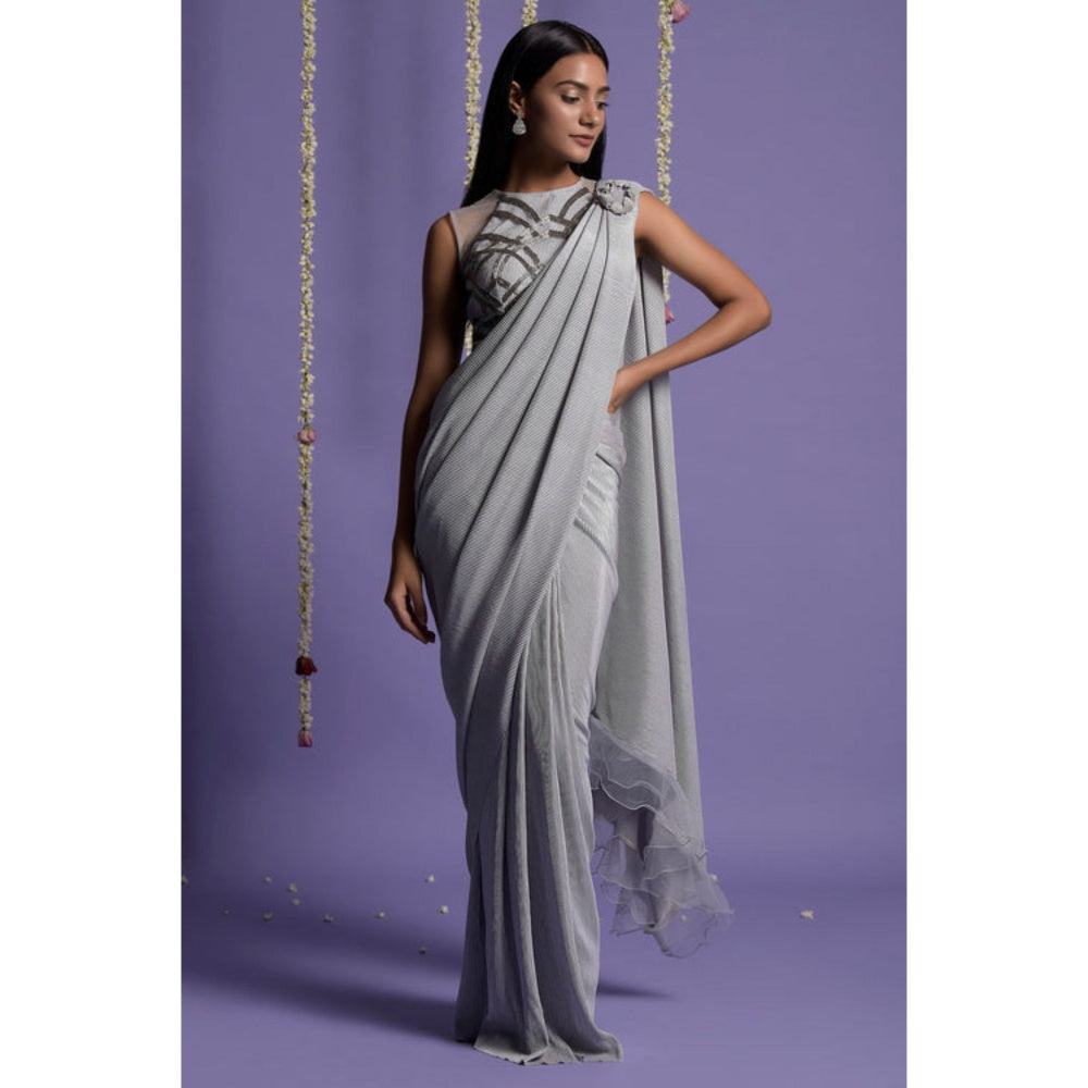 "Two Sisters" by Gyans Grey and Silver Lycra Draped Saree with Stitched Blouse