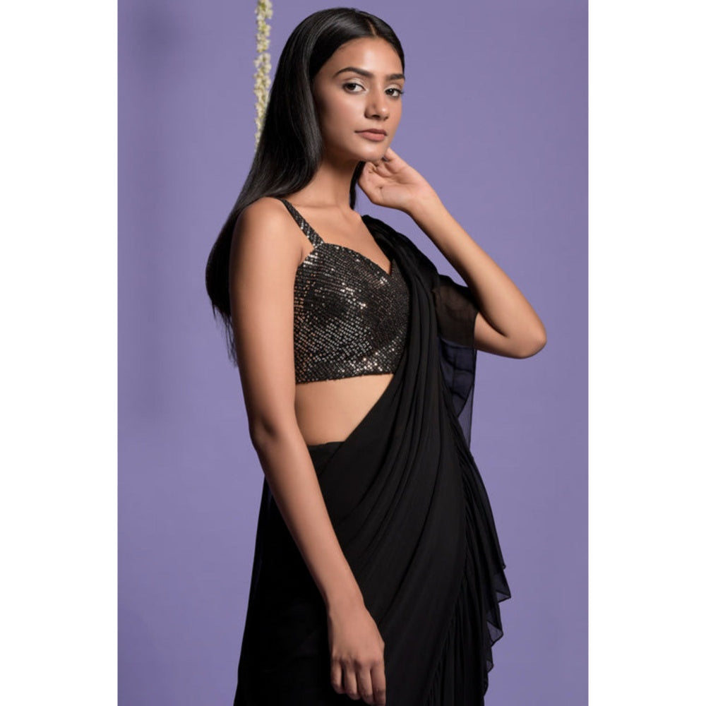 "Two Sisters" by Gyans Black Georgette Solid/Plain Pre-draped Saree with Stitched Blouse