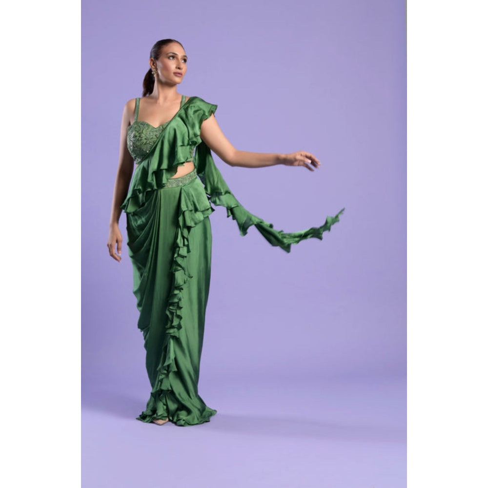 "Two Sisters" by Gyans Green Satin Solid/Plain Pre-draped Saree with Stitched Blouse