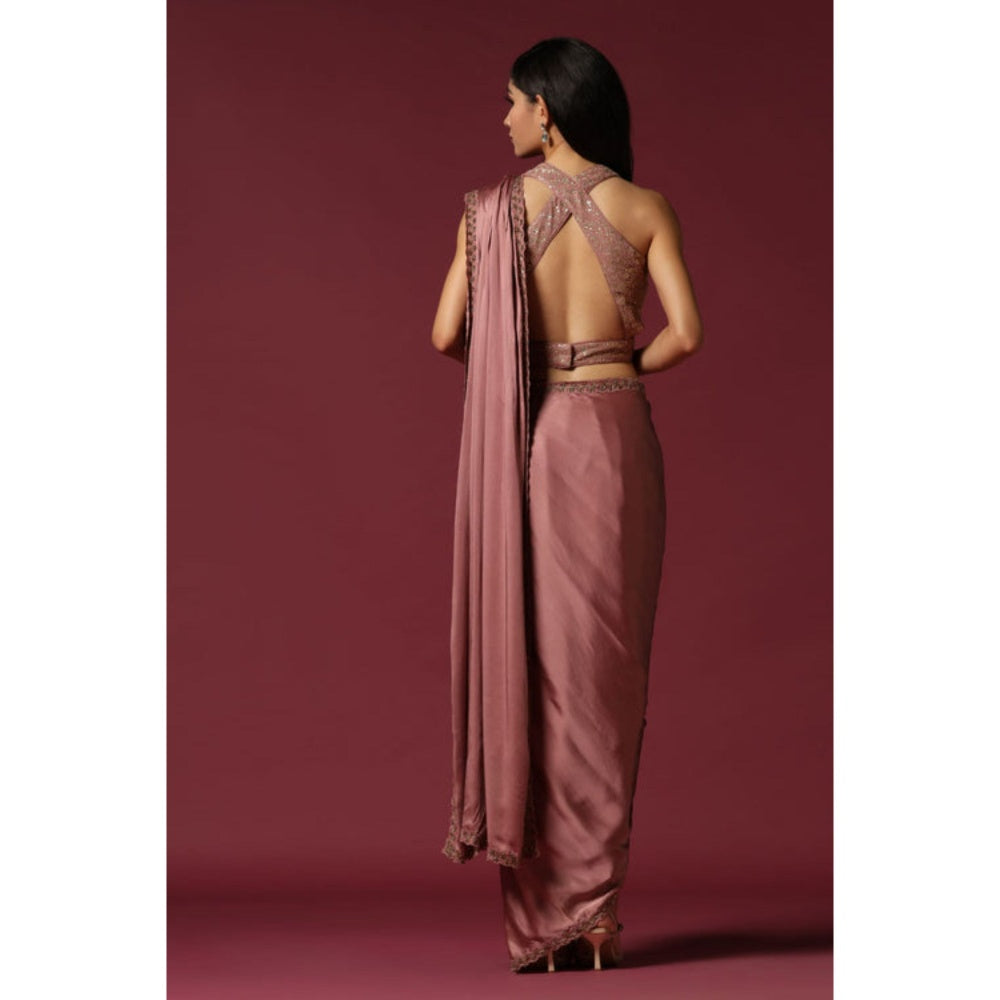 "Two Sisters" by Gyans Pink Satin Solid/Plain Pre-draped Saree with Stitched Blouse
