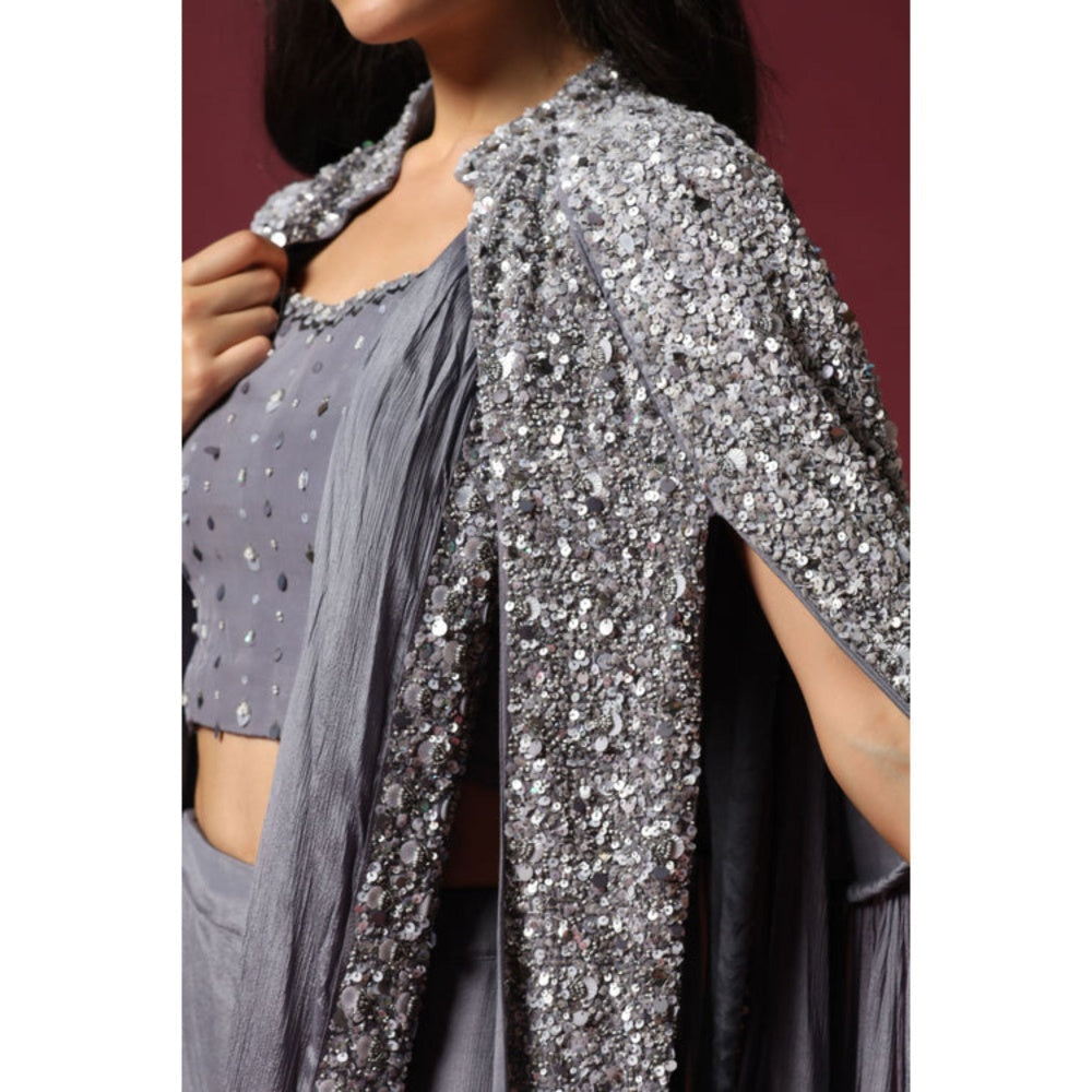 "Two Sisters" by Gyans Grey Cape Jacket and Draped Saree with Stitched Blouse