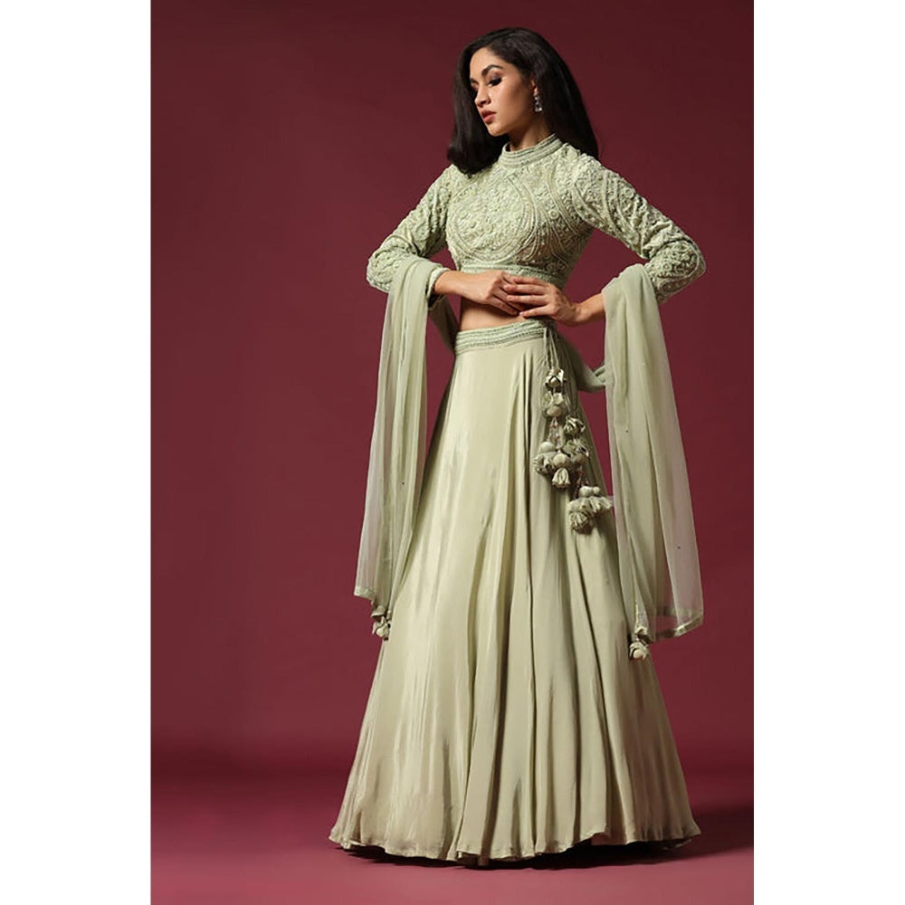 "Two Sisters" by Gyans Mint Green Embroidered Lehenga Set