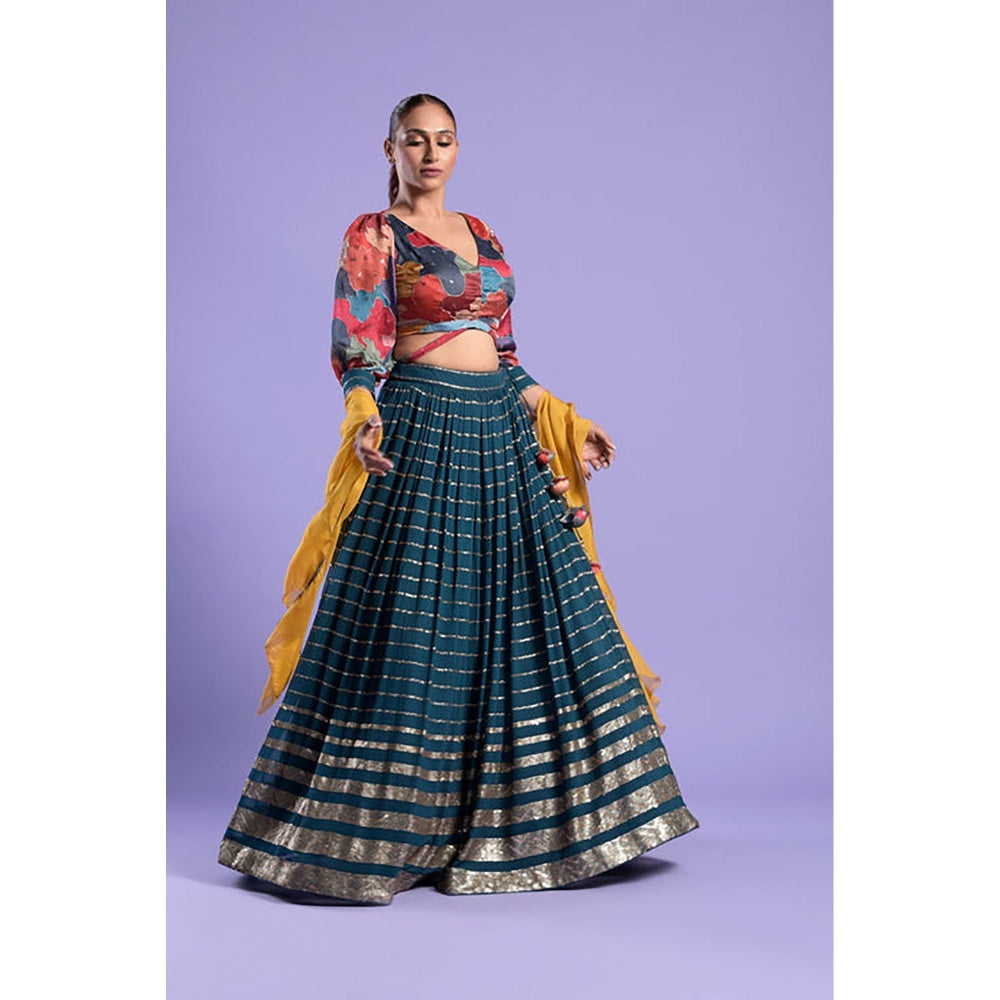 "Two Sisters" by Gyans Teal Blue Georgette Kalidar Lehenga Set