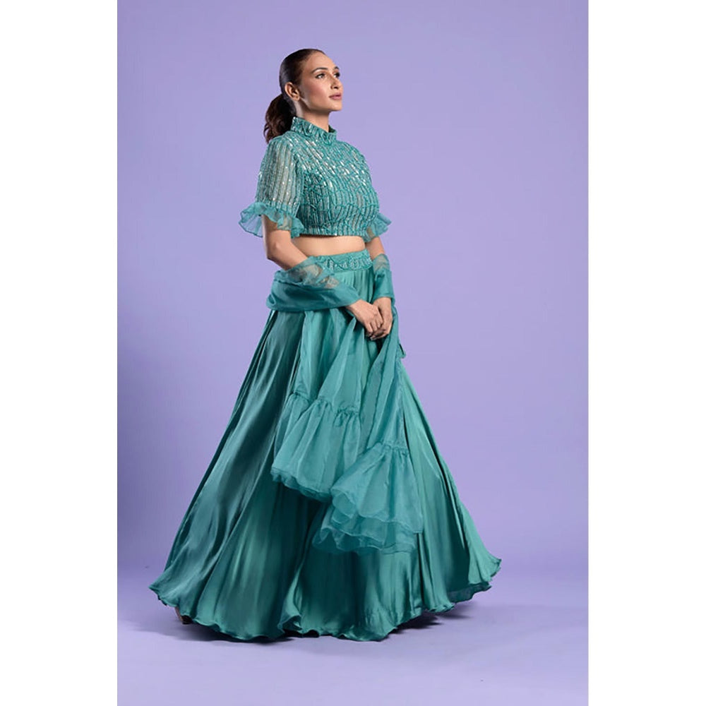 "Two Sisters" by Gyans Teal High Neck Lehenga Set