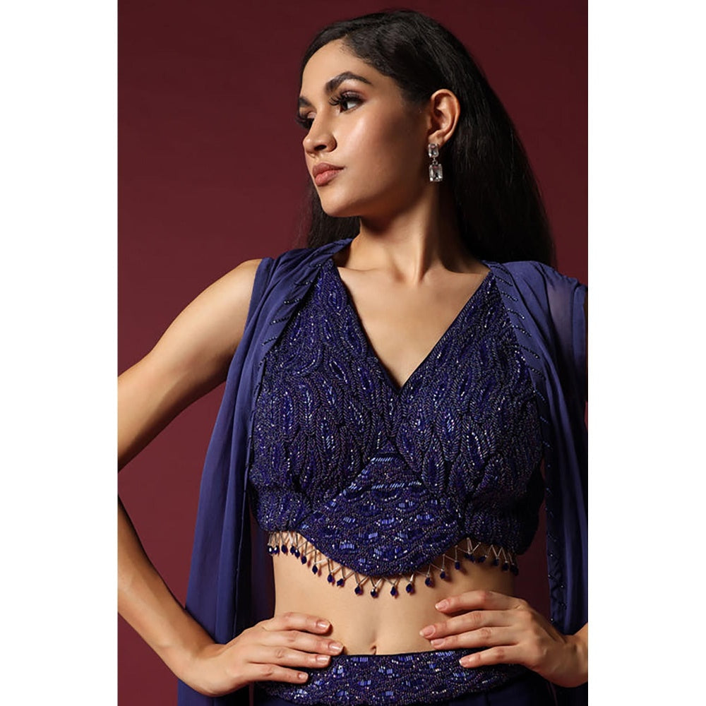 "Two Sisters" by Gyans Navy Blue Embroidered Georgette Cape Set