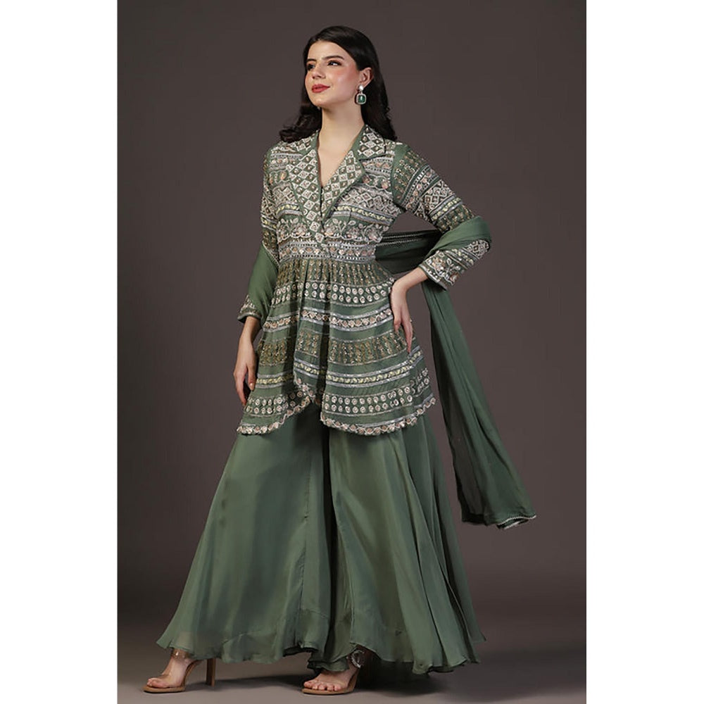 "Two Sisters" by Gyans Sage Green Peplum Top And Sharara