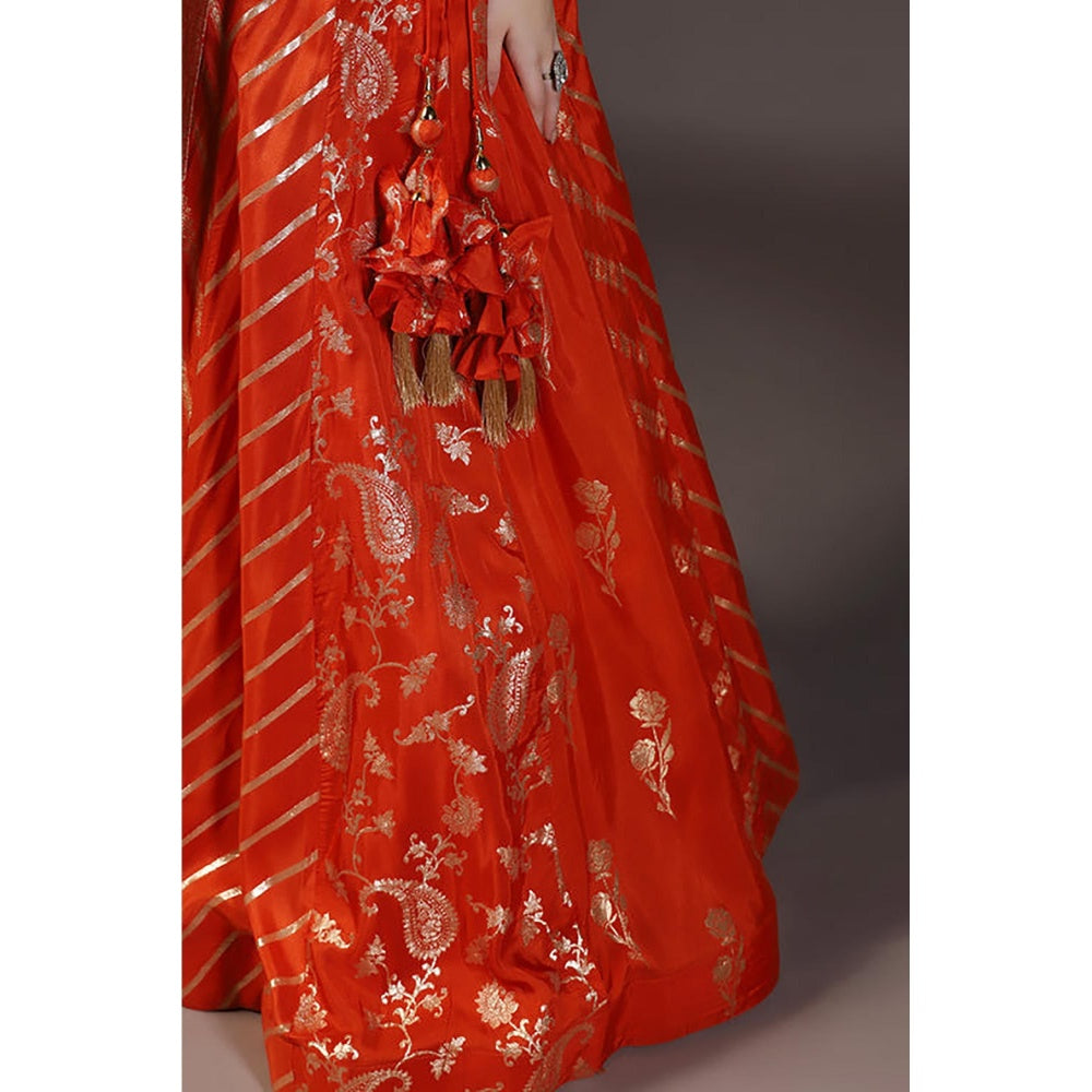 "Two Sisters" by Gyans Burnt Orange Sequins Embroidered Banarasi Silk Lehenga Sets 0F 3