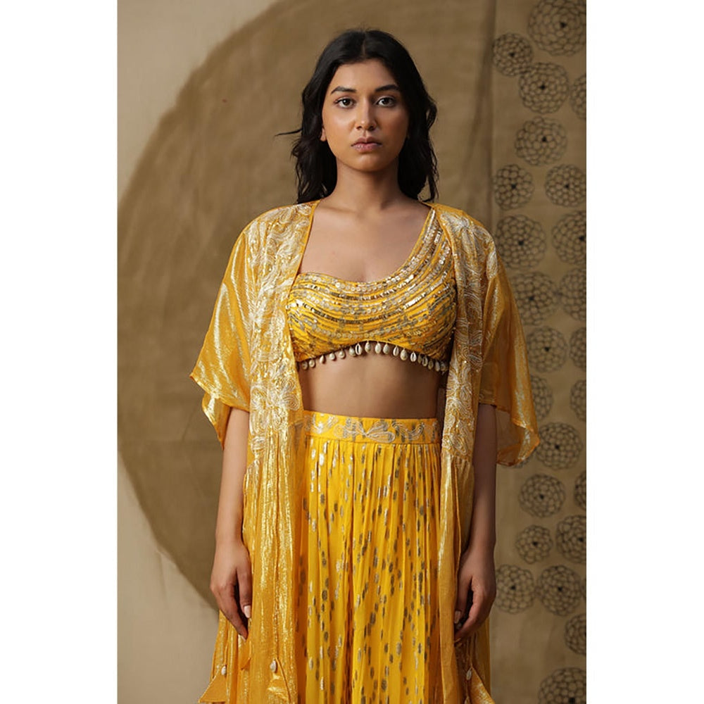 "Two Sisters" by Gyans Mustard Lehenga Set with Cape