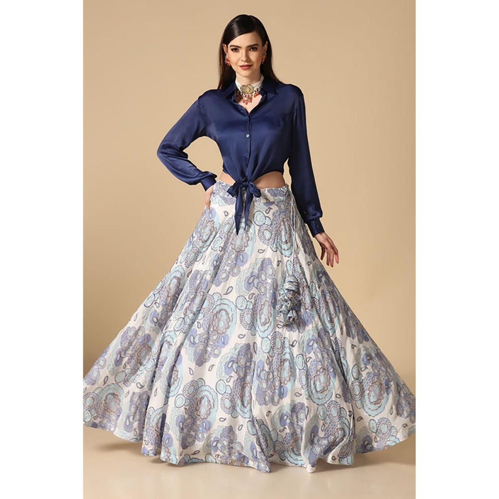 "Two Sisters" by Gyans Blue Shirt and Printed Lehenga Set