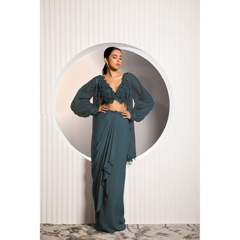 "Two Sisters" by Gyans Teal Organza Floral Balloon Sleeves Skirt with Blouse and Shrug