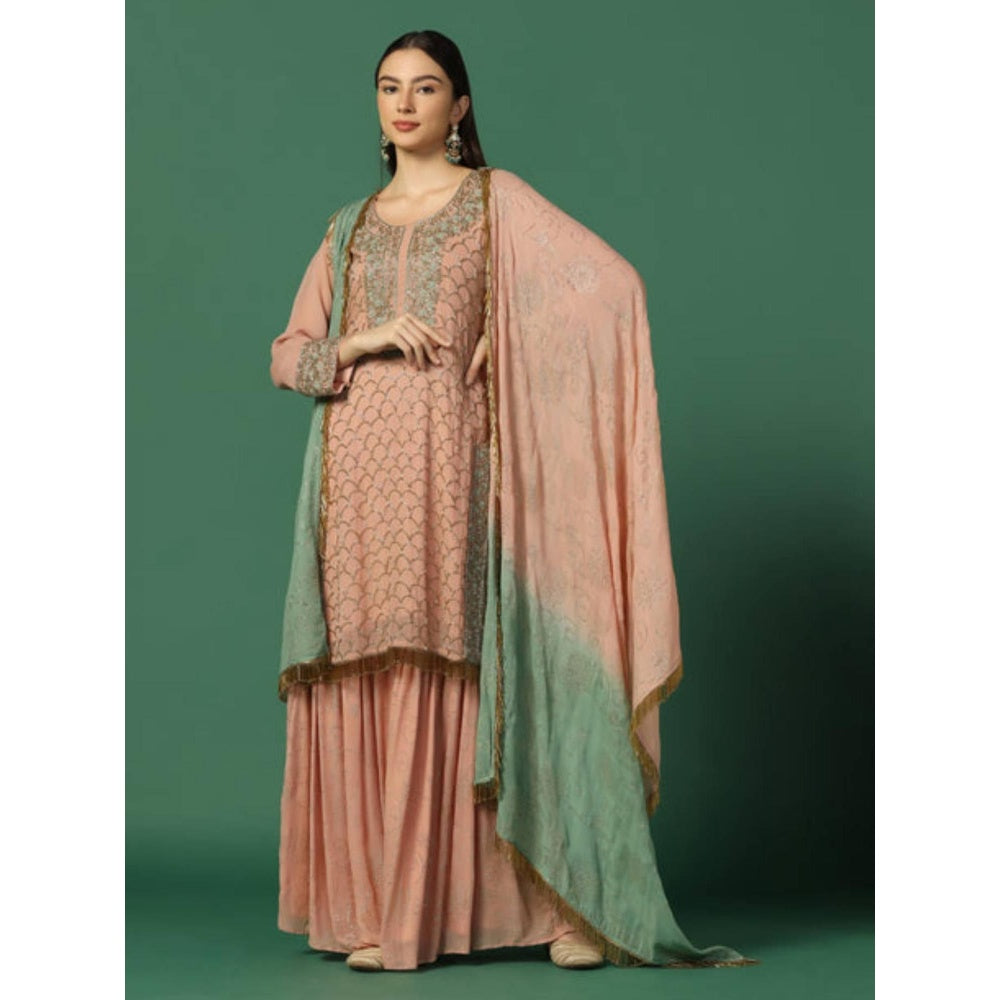 "Two Sisters" by Gyans Women Peach Georgette Embroidered Kurti with Sharara and Dupatta