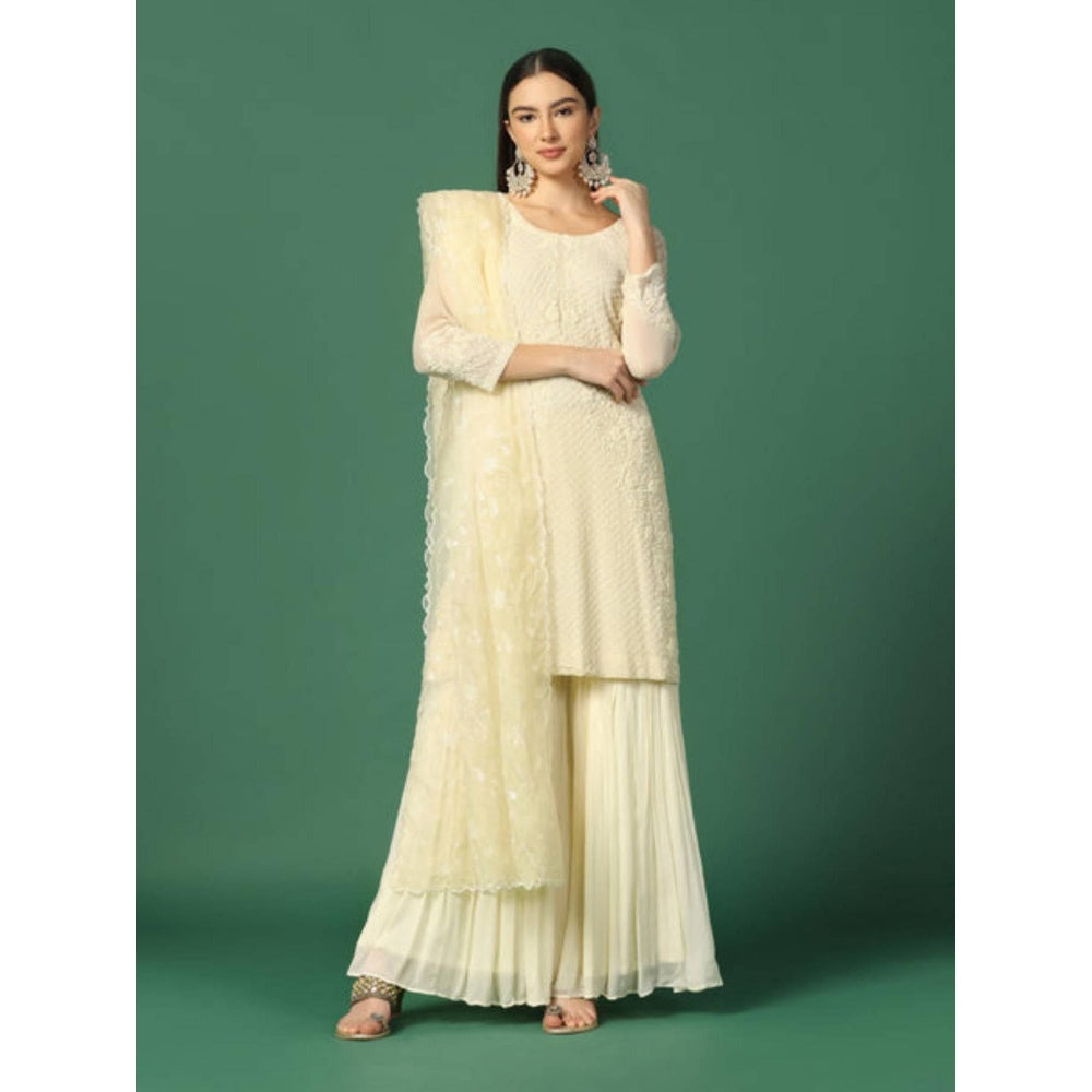 "Two Sisters" by Gyans Women Cream Georgette Embroidered Kurti with Sharara and Dupatta