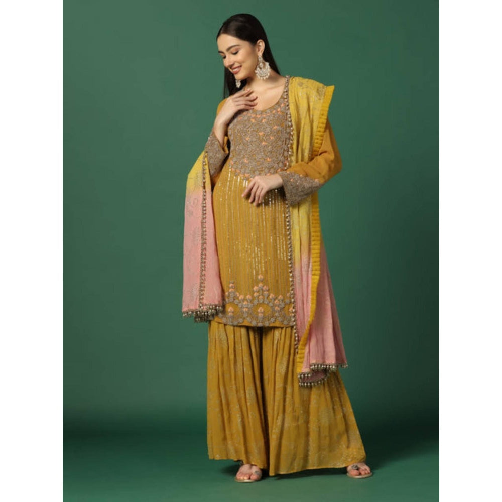 "Two Sisters" by Gyans Women Yellow Georgette Floral Kurta with Sharara and Dupatta