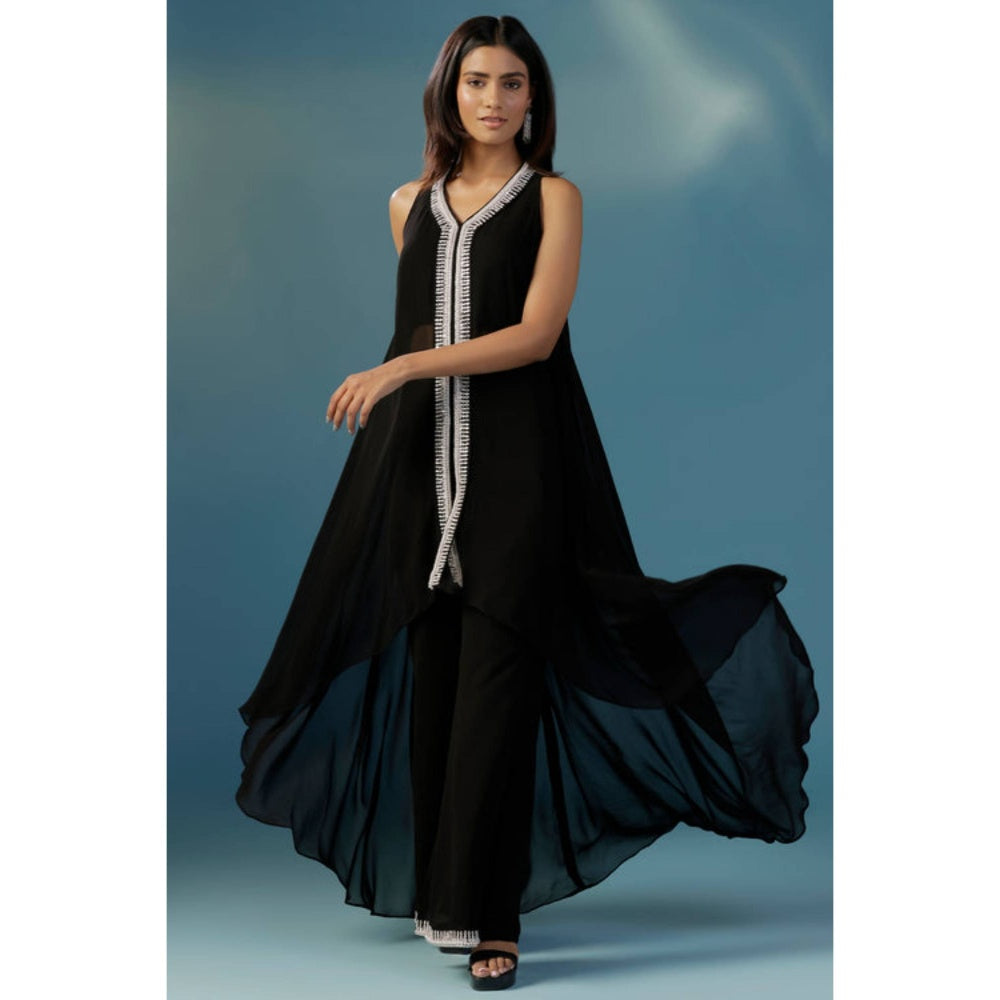 "Two Sisters" by Gyans Black Georgette Solid/Plain V-Neck Kurta And Palazzo