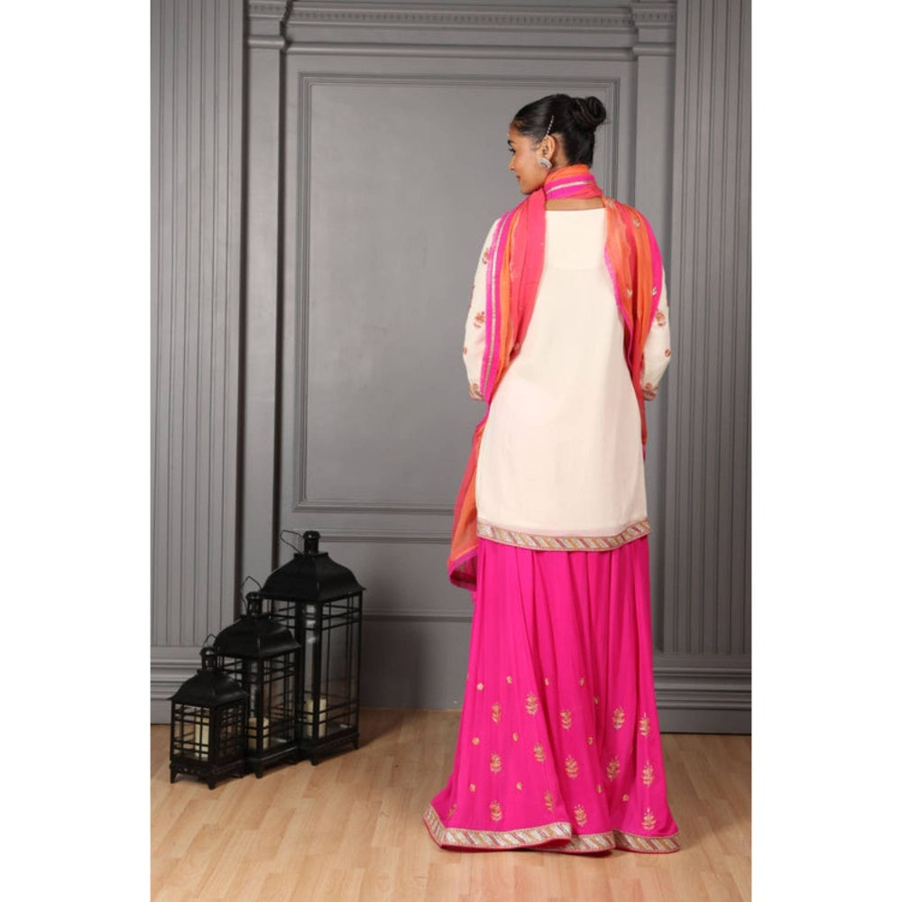 "Two Sisters" by Gyans Off-White And Pink Embroidered Sharara Set