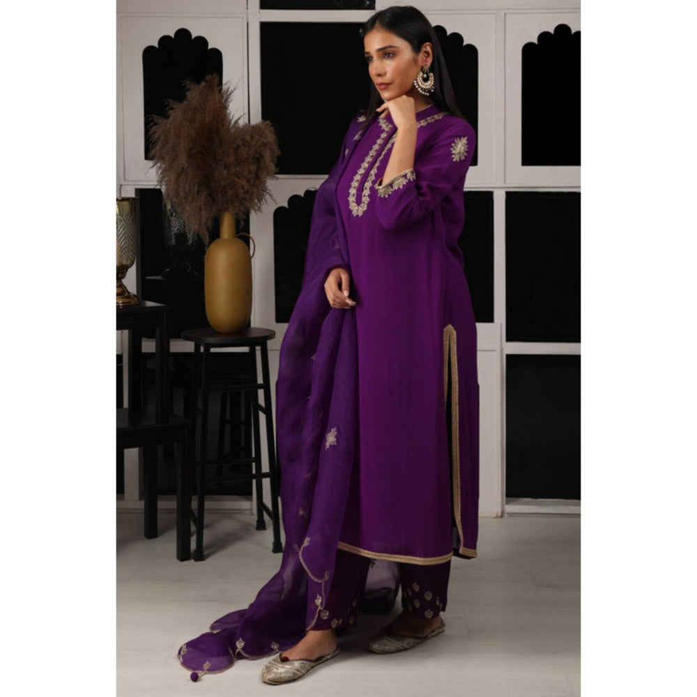 "Two Sisters" by Gyans Women Purple Georgette Embroidered Kurta with Pant and Dupatta