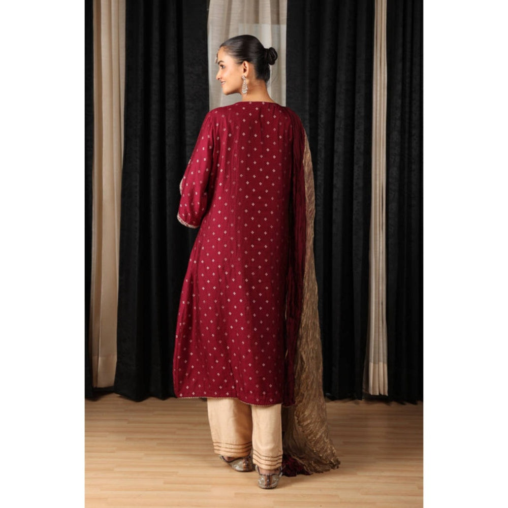 "Two Sisters" by Gyans Maroon Embroidered Kurta With Beige Pants