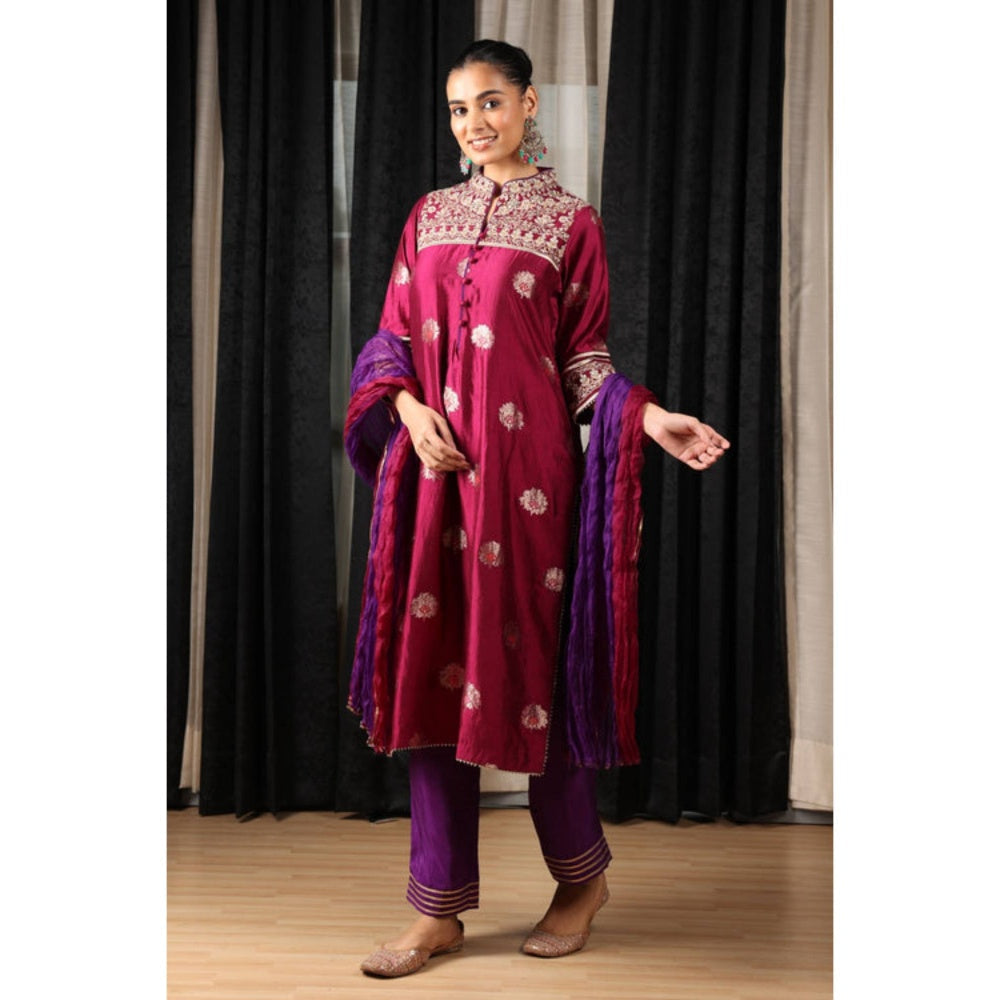 "Two Sisters" by Gyans Maroon Silk Embroidered Mandarin Neck Kurta With Pant And Dupatta