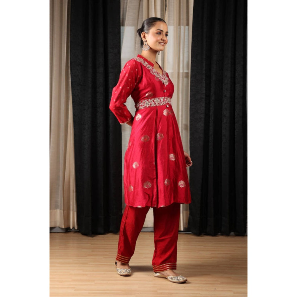 "Two Sisters" by Gyans Red Chanderi Silk Embroidered Mandarin Neck Kurta And Pant