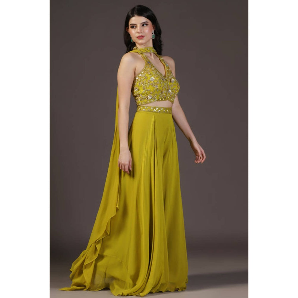 "Two Sisters" by Gyans Women Green Crepe Embroidered Blouse with Sharara and Dupatta