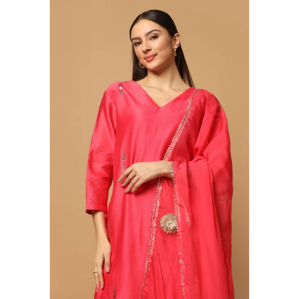 "Two Sisters" by Gyans Pink Silk Solid/Plain V-Neck Kurta With Pant And Dupatta