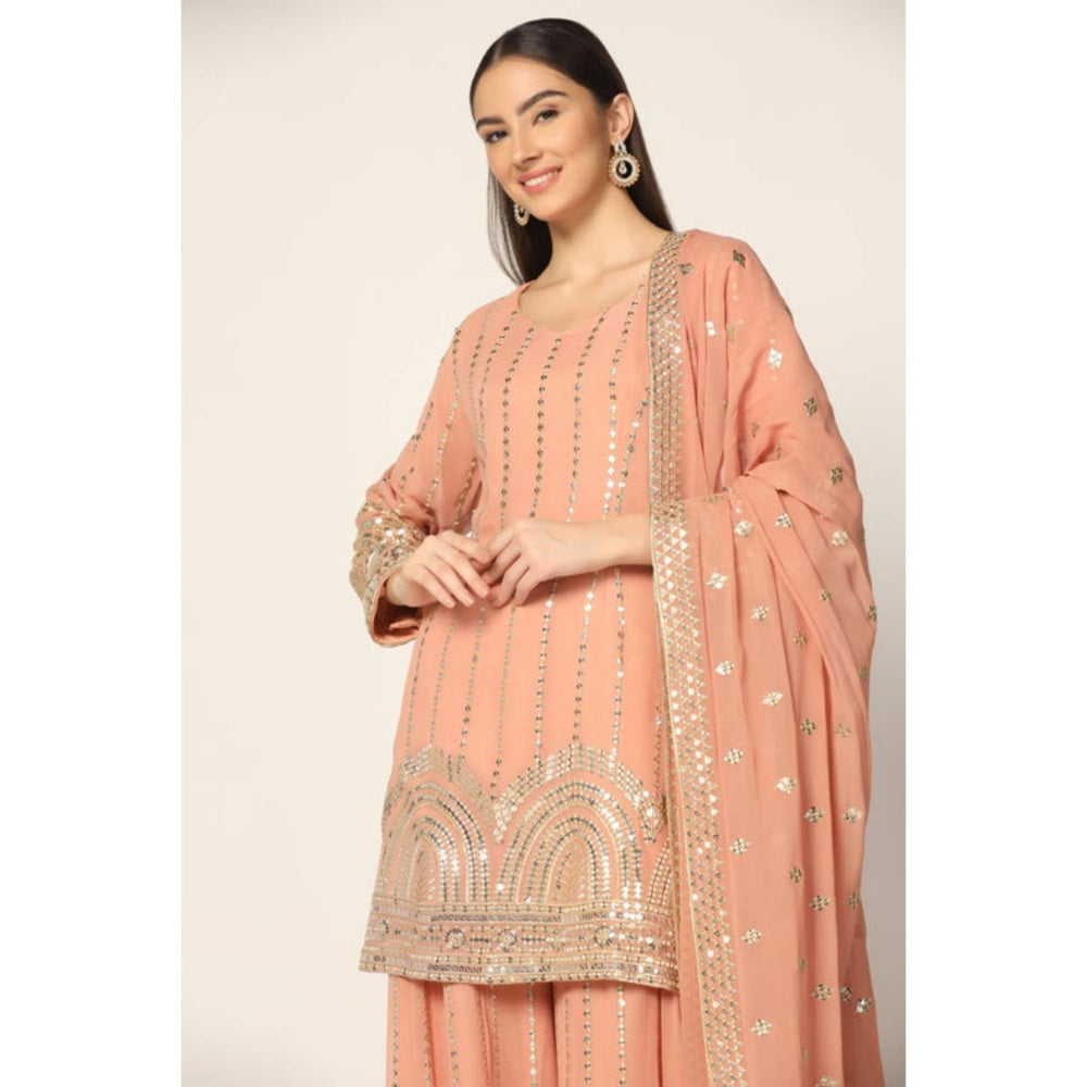 "Two Sisters" by Gyans Peach Georgette Embroidered Round Neck Kurta With Sharara And Dupatta