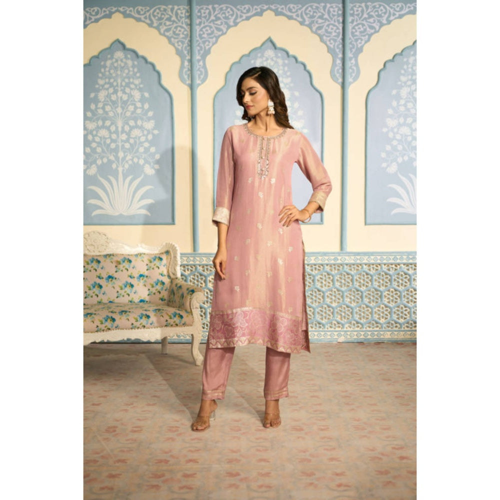 "Two Sisters" by Gyans Embroidered Pink Banarasi Kurta Set With Gold Embroidery