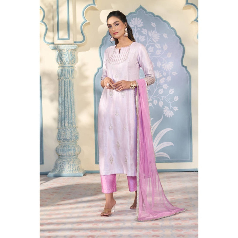 "Two Sisters" by Gyans Lavender Satin Embroidered Round Neck Kurta With Pant And Dupatta
