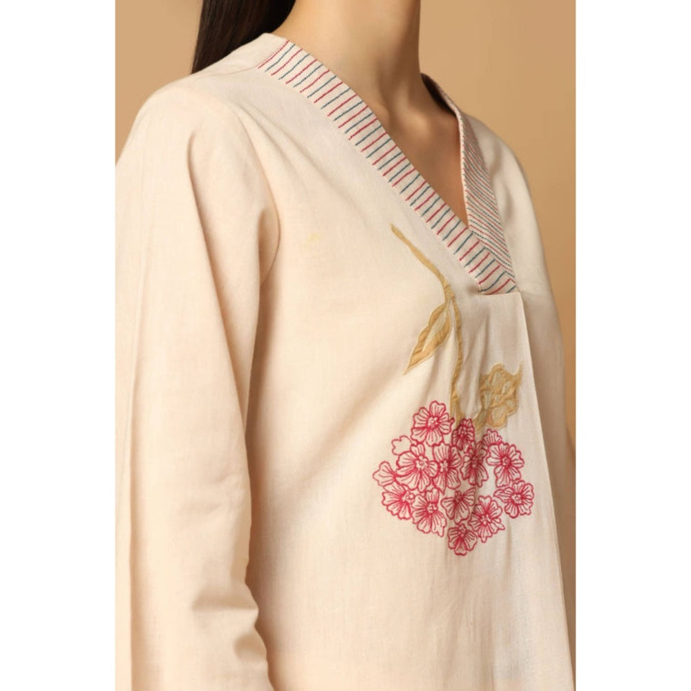 "Two Sisters" by Gyans Peach Cotton Floral V-Neck Kurta With Pant And Dupatta