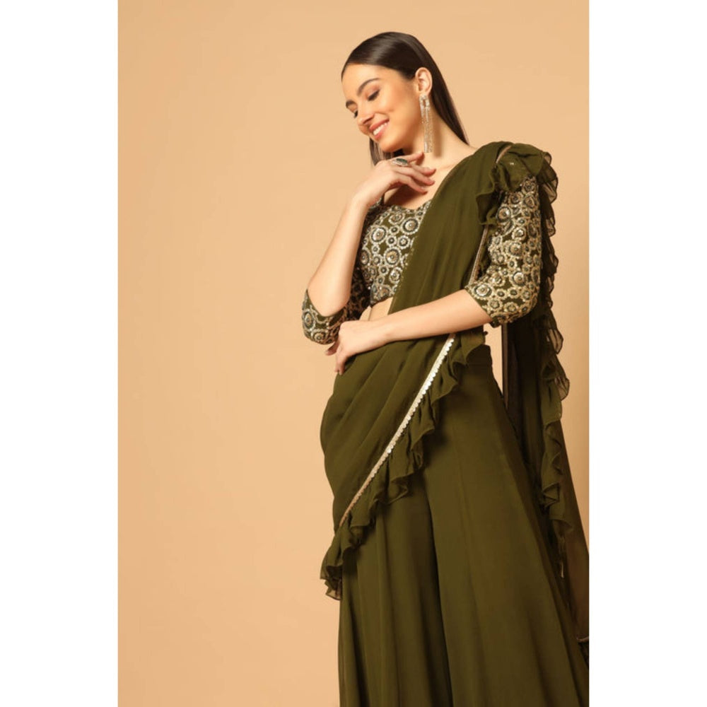 "Two Sisters" by Gyans Women Olive Georgette Solid Blouse with Sharara and Dupatta