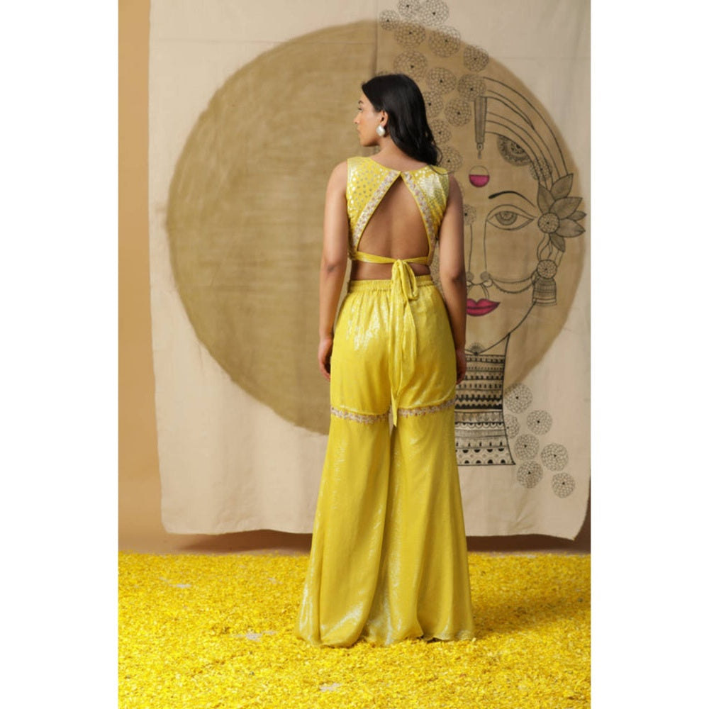 "Two Sisters" by Gyans Women Yellow Georgette Solid Top with Sharara and Cape