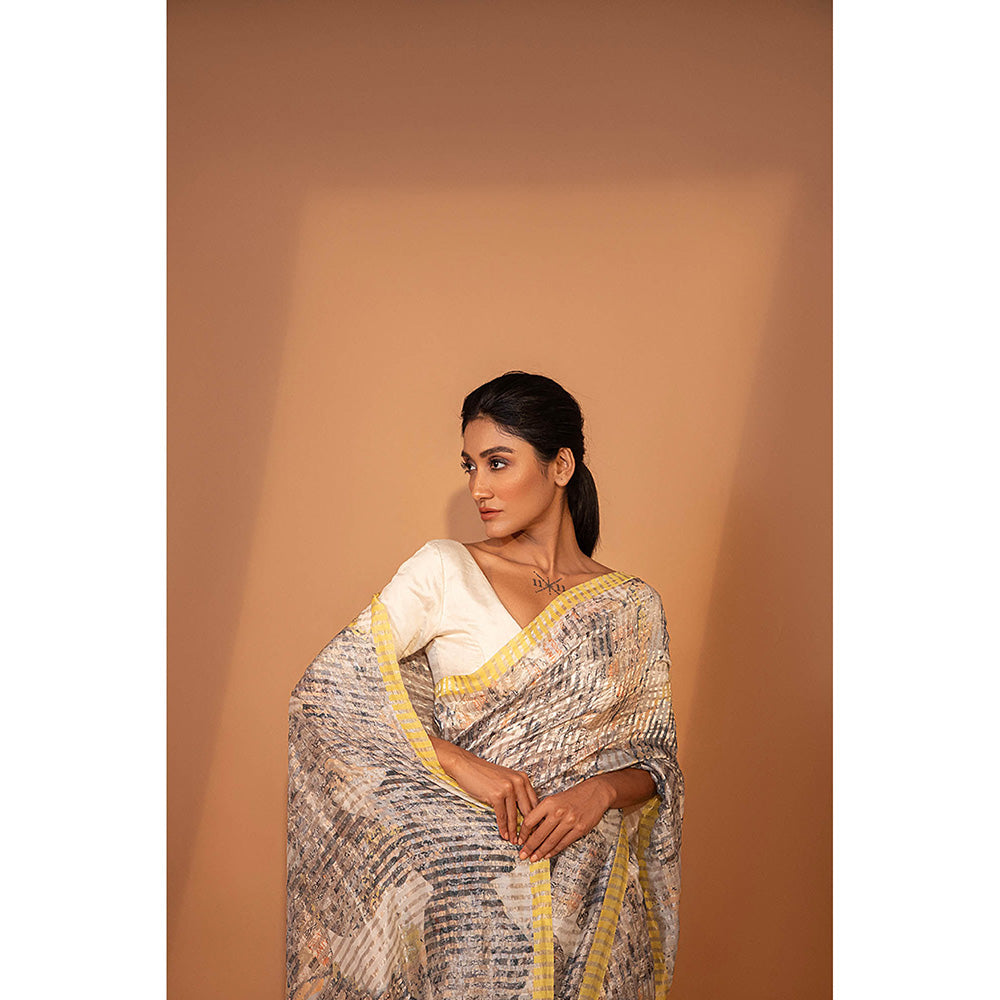 UNALLUME BY NISHA Misty Citrus Silk Saree with Unstitched Blouse - Multi-Color