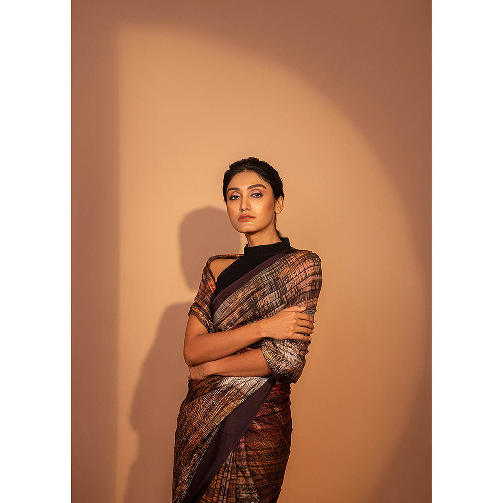 UNALLUME BY NISHA Celosia King Coral Silk Saree with Unstitched Blouse - Brown