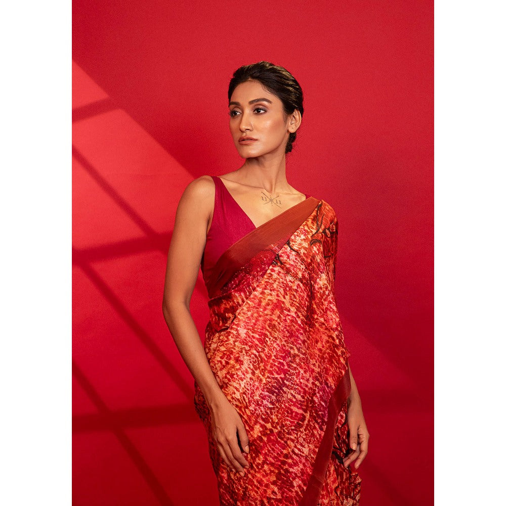 UNALLUME BY NISHA Crimson Red Blossom Silk Saree with Unstitched Blouse