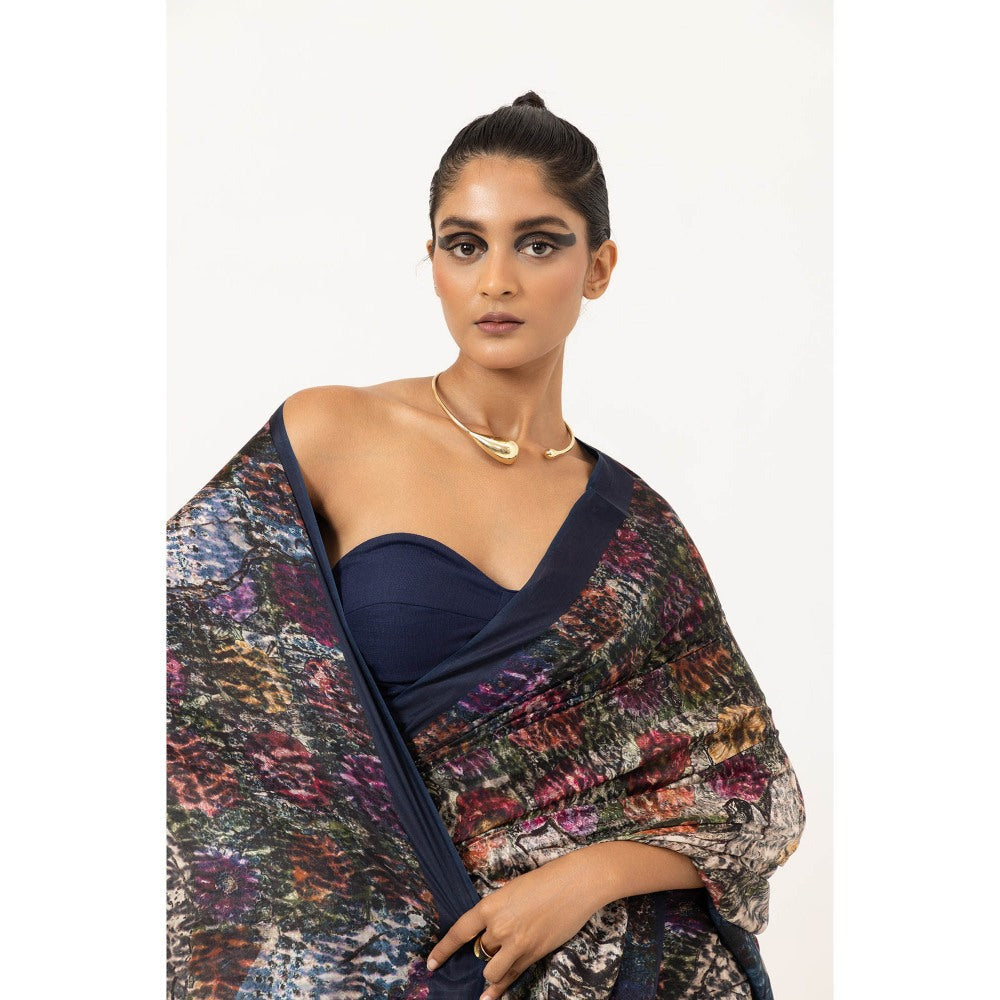 UNALLUME BY NISHA Whispering Bloom Silk Saree with Unstitched Blouse - Navy Blue