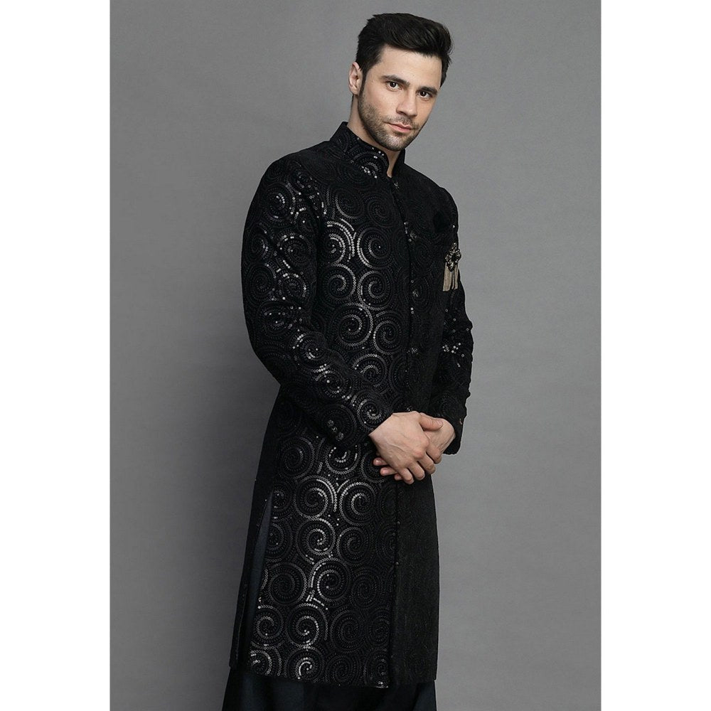 UTSAV FASHION Embroidered Straight Velvet Black Sherwani with Salwar