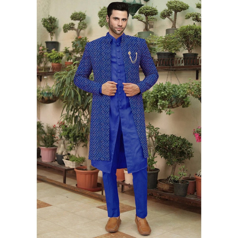 UTSAV FASHION Embroidered Blue Cotton Silk Faux Georgette Sherwani with Pant and Jacket