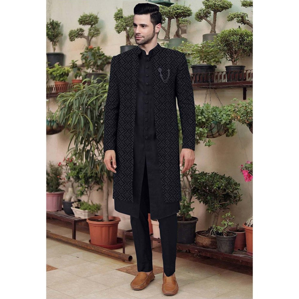 UTSAV FASHION Embroidered Black Cotton Silk Faux Georgette Sherwani with Pant and Jacket