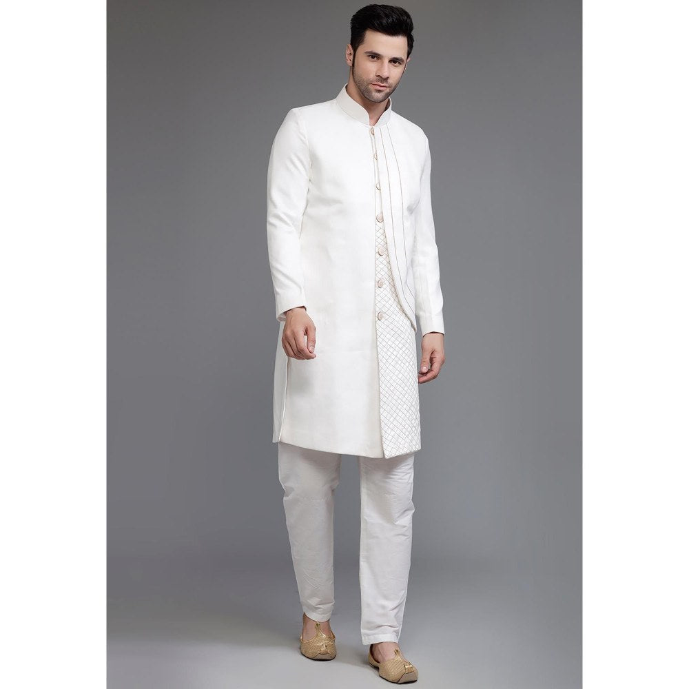 UTSAV FASHION Off White Cotton Silk Embellished Sherwani & Pant