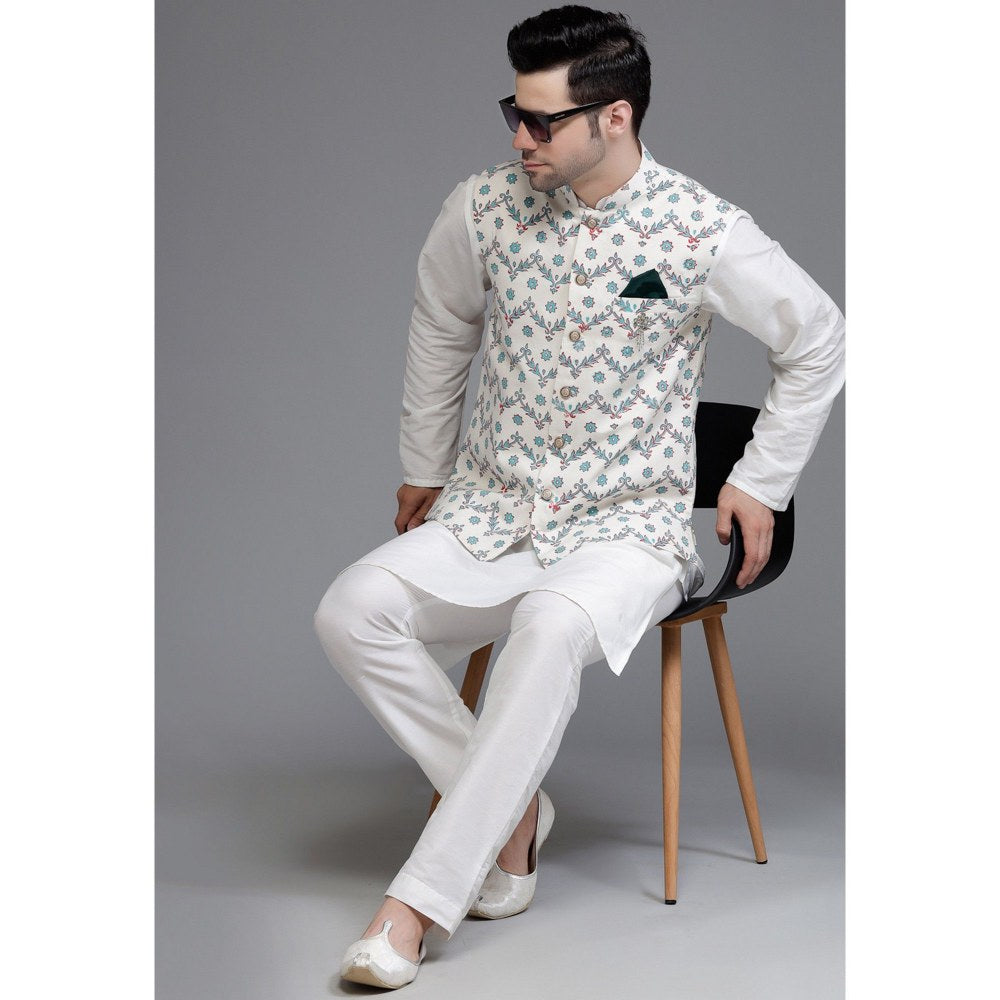 UTSAV FASHION Cotton Silk Off White Digital Printed Kurta with Pyjama and Nehru Jacket