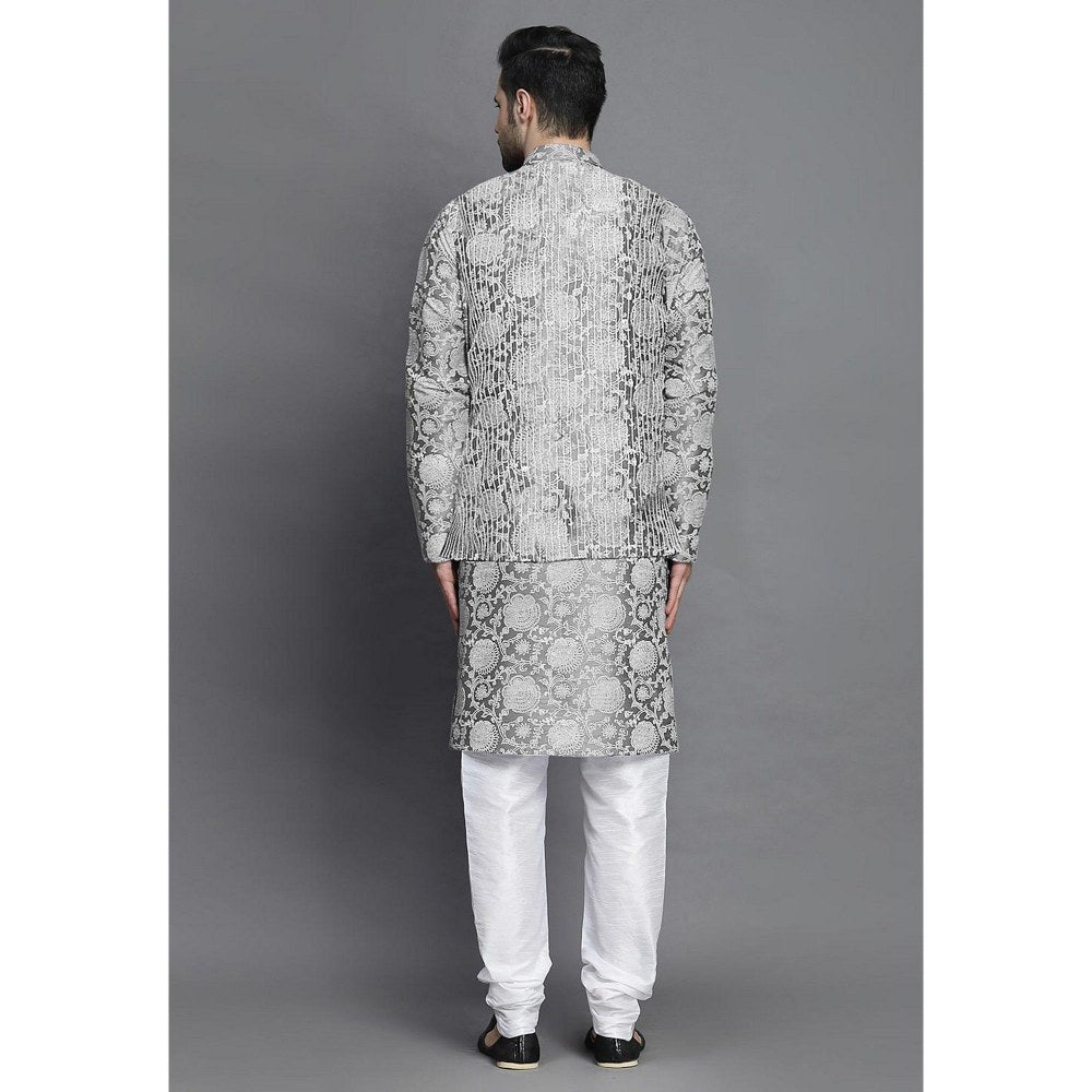 UTSAV FASHION Block Printed Art Silk Grey Kurta with Churidar and Jacket