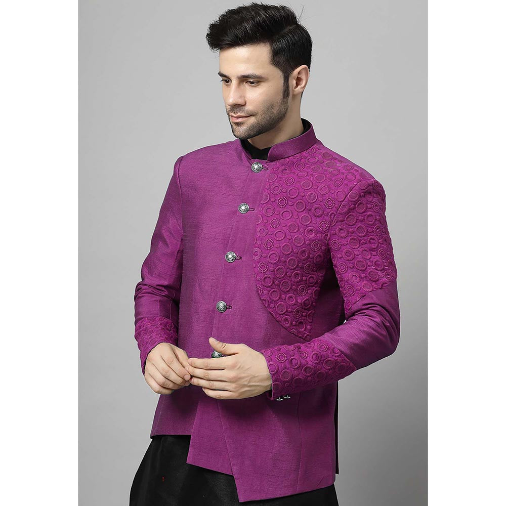 UTSAV FASHION Men Purple Embroidered Dupion Silk Kurta and Pant with Jacket